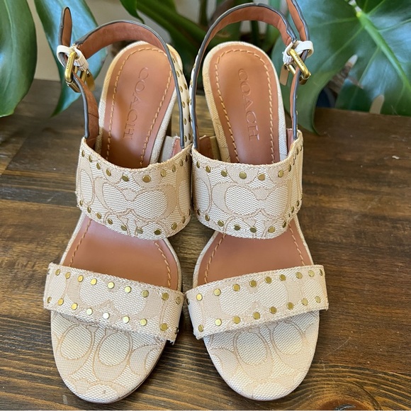Coach Rylie Beige C Monogram Fabric Studded Leather Block Sandal Heels - Picture 3 of 12